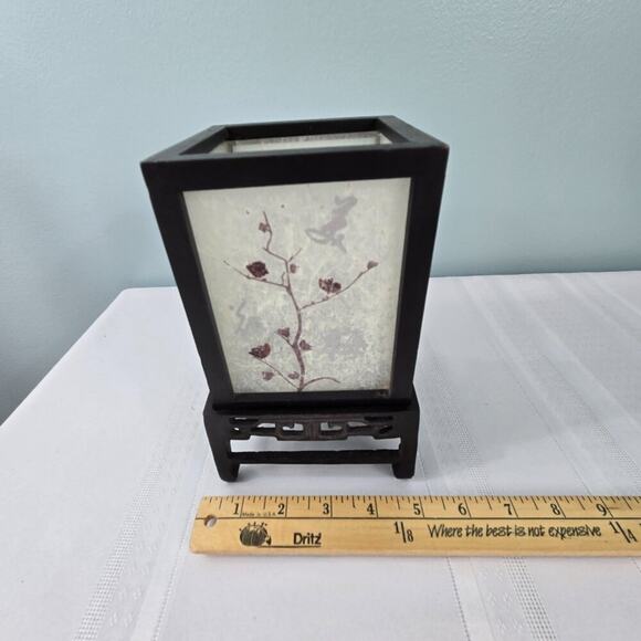 Oriental Style Wooden Frame Tea Candle Holder Frosted Sides Cherry Blossom Print - Picture 6 of 10